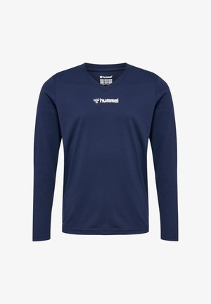 Marineblauwe langemouwenhemd van een gladde stof, met een v-hals en een wit logo op de borst. Losse pasvorm met geribbelde manchetten.