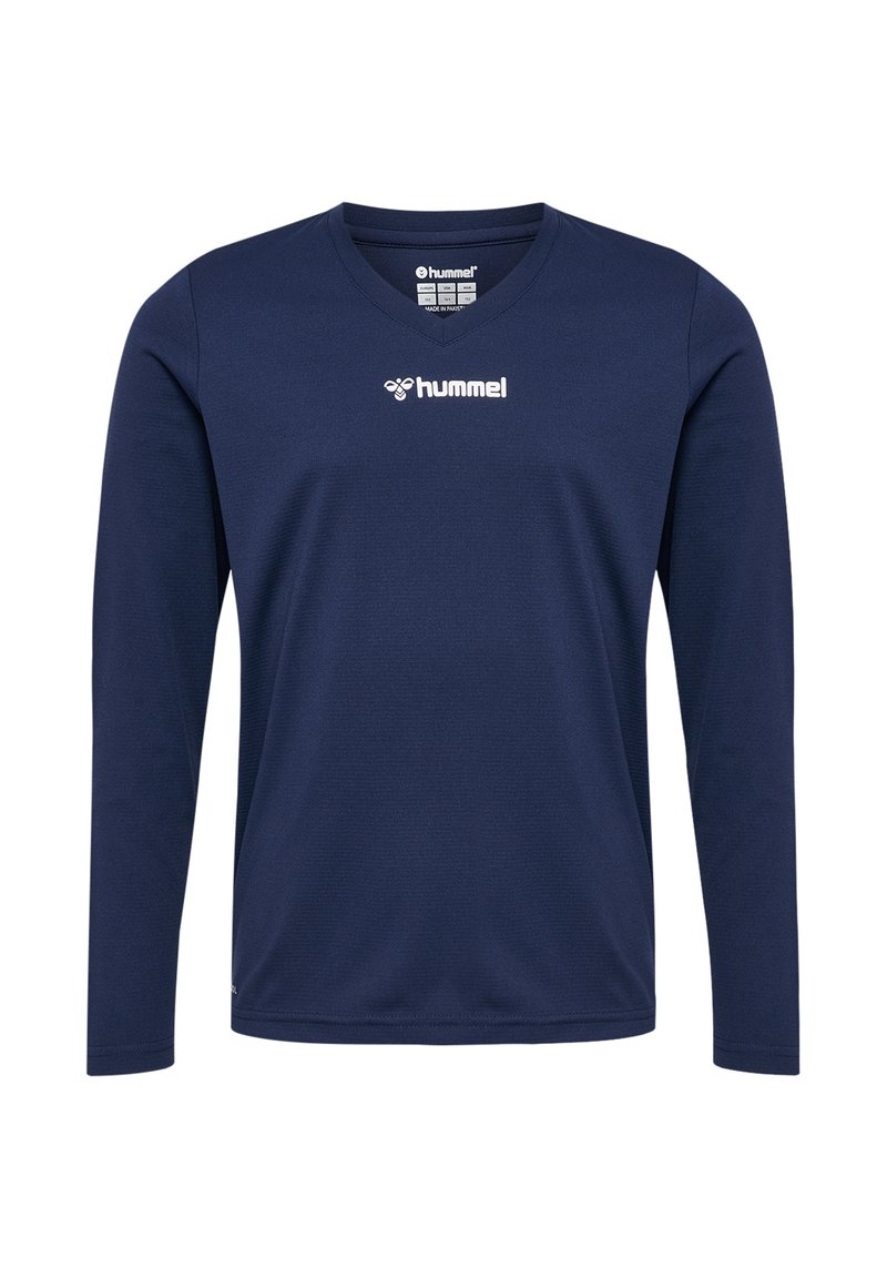 Marineblaue Langarmshirt aus glattem Material, mit V-Ausschnitt und einem weißen Logo auf der Brust. Lässige Passform mit gerippten Bündchen.