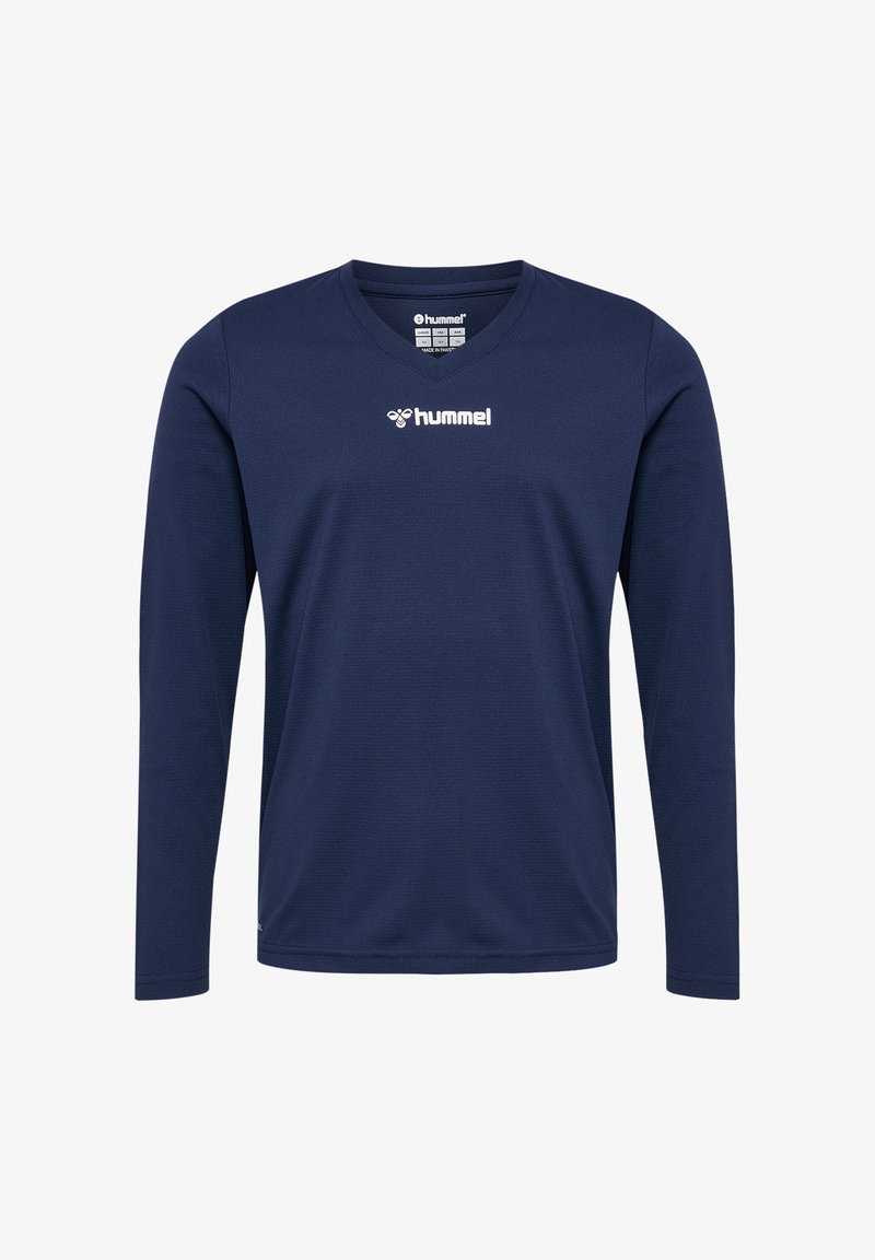 Marineblaue Langarmshirt aus glattem Material, mit V-Ausschnitt und einem weißen Logo auf der Brust. Lässige Passform mit gerippten Bündchen.