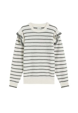 Suéter a rayas en crema y gris oscuro. Presenta acentos de volantes en los hombros. Hecho de una tela suave y texturizada con puños y dobladillo acanalados.