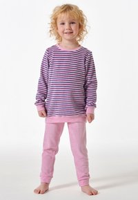 Light pink pajama set featuring a long-sleeve top with purple stripes and matching solid pink pants, made of soft, textured fabric.