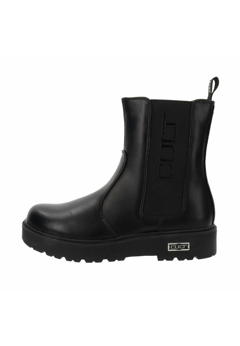 Botas negras hasta el tobillo en suave cuero sintético con paneles laterales elásticos. Presentan una suela gruesa y un logo en relieve en el lado exterior.