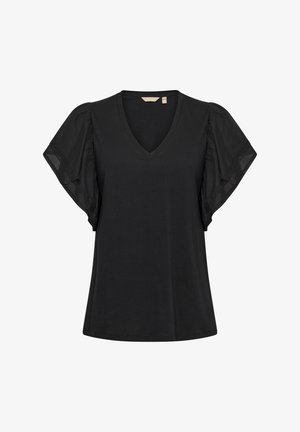 Melna V veida krekliņš ar īsām, salocītām caurspīdīgām piedurknēm. Mīksta auduma, brīvā piegriezuma. Gluda tekstūra, bez redzamām rakstu vai akcentiem.