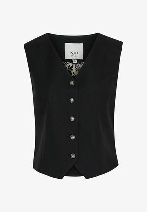 Čierny bezrukávový svetrík s výstrihom do V, s piatimi striebornými gombíkmi na prednej strane a kvetinovým vzorovaním podšívky.