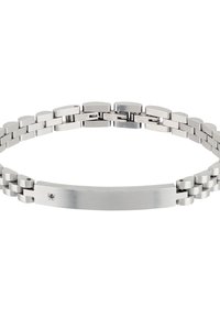 Armband i rostfritt stål med polerad yta, med en platt centralplatta och länkad kedjadesign. Inkluderar en liten accentdetalj.