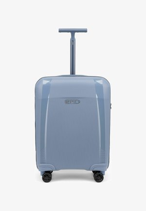 Valise rigide bleue avec quatre roues noires et poignée télescopique étendue, marque "Epic" visible au centre devant.