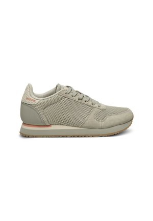 Light gray sneaker with textured mesh upper, suede accents, flat laces, and rubber sole. Features a white and orange stripe on the heel.