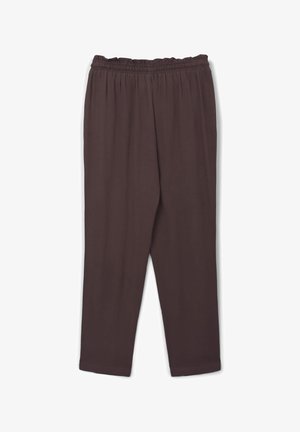 Pantalon marron à taille élastique avec une coupe droite. Confectionné dans un tissu doux, il présente une taille froncée et des ourlets nets.