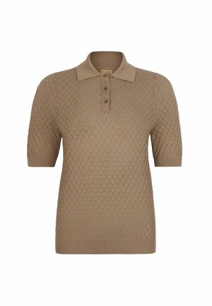 Beiges kurzärmeliges Strick-Poloshirt mit Diamantmuster, gerippten Bündchen und Saum sowie einer dreiknöpfigen Knopfleiste am Kragen.