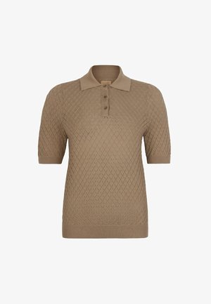 Beige gebreide polo met korte mouwen, ruitpatroon, geribde boorden en zoom en een drieknops knoopsluiting bij de kraag.