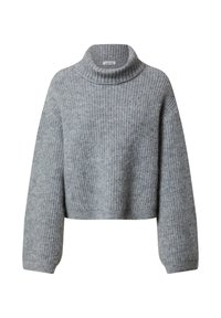 Grau gestrickter Rollkragenpullover mit geripptem Muster, kürztem Design und weiten Ärmeln. Das Frontetikett lautet "EDITED".