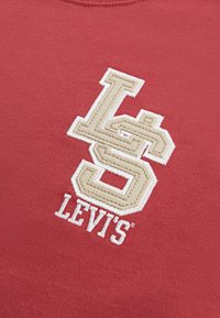 Raudonas medvilnės džemperis, turintis didelį smėlio ir balto siuvinėjimo logotipą. Audinys yra lygus, su klasikiniu apvaliu kaklu.