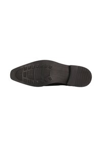 Suela de zapato de goma negra con un patrón texturizado que presenta ranuras horizontales y verticales para tracción y estabilidad, diseño de punta redondeada.