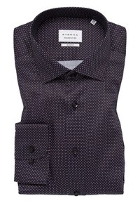 Camicia slim-fit in tessuto blu scuro con un piccolo motivo a pois bianchi e blu, dotata di colletto button-down e dettagli ai polsini.