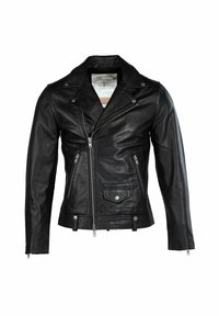 Geacă de motociclist din piele neagră, cu guler cu tăietură, fermoar frontal asimetric, buzunare cu fermoar și accente cu capse.