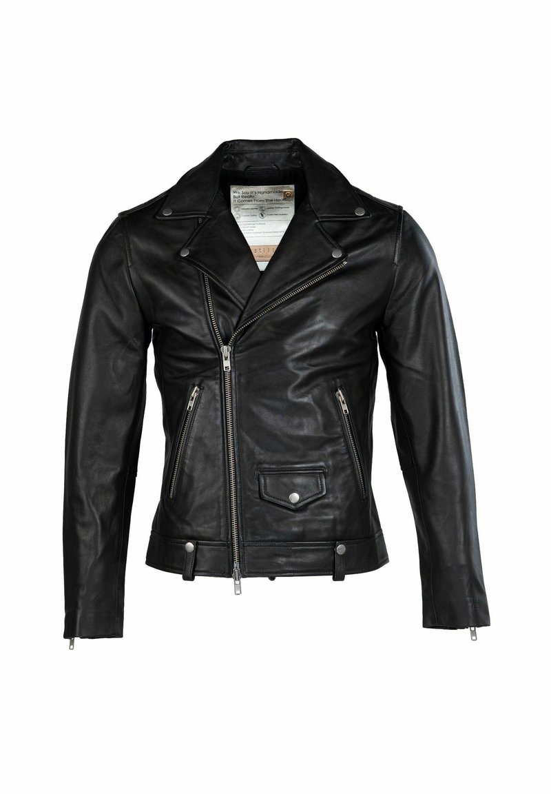 Geacă de motociclist din piele neagră, cu guler cu tăietură, fermoar frontal asimetric, buzunare cu fermoar și accente cu capse.