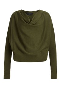 Olivgrüner, kurzer pullover aus weichem Strickstoff mit einem drapierten Kragen und eng anliegenden langen Ärmeln. Texturierte Oberfläche.