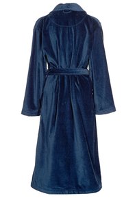 Marineblauer Samtbadmantel mit langen Ärmeln, einem Schalkragen und einem passenden Gürtel, der eine weiche Textur und klare Linien aufweist. Rückansicht dargestellt.