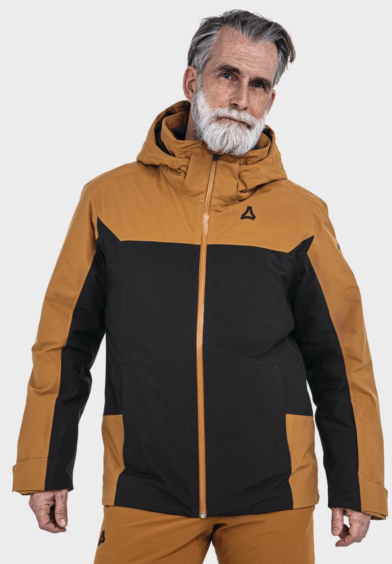 Herrenjacke mit einem braunen Oberteil und schwarzen unteren Panels, einer Kapuze und einem zentralen Reißverschluss. Der Stoff wirkt glatt und wetterbeständig.