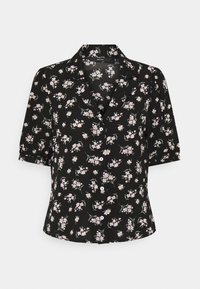 Mustapaitainen lyhythihainen paita, jossa on kaulus, ja joka esittää vaaleanpunaisia ja vihreitä kukkakuoseja. Valkoiset napit edessä. Sujuva kangas.