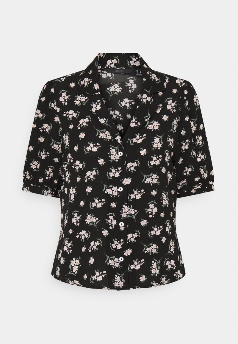 Mustapaitainen lyhythihainen paita, jossa on kaulus, ja joka esittää vaaleanpunaisia ja vihreitä kukkakuoseja. Valkoiset napit edessä. Sujuva kangas.