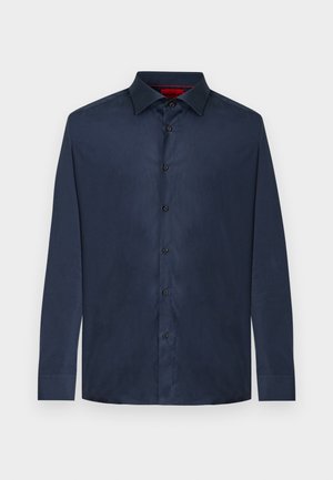 Dunkelblaue, langärmelige, knöpfbare Hemdbluse mit Kragen, sechs schwarzen Knöpfen und schmal geschnittenem Design.