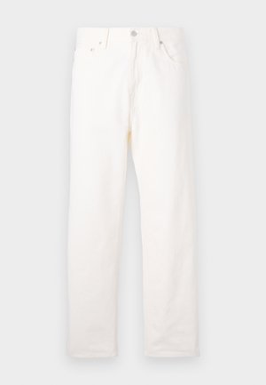 Hvite denimjeans med rett ben design, med frontlommer, metallknapplukking og klassisk sømdetalj.