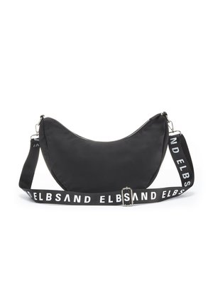 Black nylon shoulder bag with a crescent shape, featuring a zip closure and a wide strap with white text. Smooth texture and minimal design.