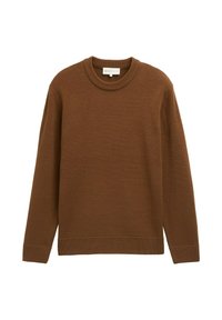 Brauner gestrickter Pullover mit Rundhalsausschnitt, langen Ärmeln und gerippten Bündchen und Saum. Der Stoff hat eine glatte Textur und mittlere Dicke.