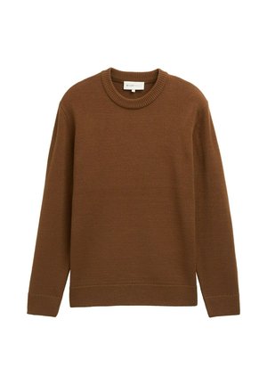 Hnědý pletený svetr s kulatým výstřihem, dlouhými rukávy a ribováním na manžetách a dolním lemu. Tkanina má hladkou texturu a střední tlouš�ťku.