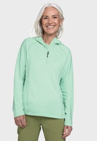 Hellgrüner langärmliger Pullover mit Kapuze, ausgestattet mit einem halben Reißverschluss, strukturiertem Stoff und vorderen Taschen. Geeignet für Outdoor-Aktivitäten.