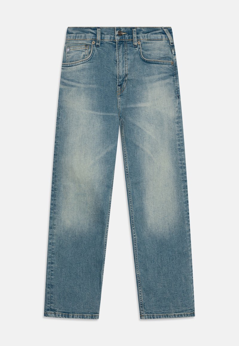 Lys blå denimjeans med løst snitt, med falmede områder, femlommers design og subtile sømdetaljer.