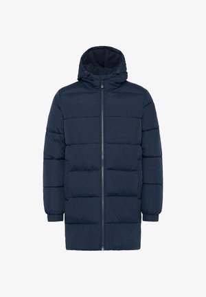 Jachetă puffer albastră marin cu fermoar în față, glugă și un model texturat, matlasat. Include manșete elastice și o lungime până la mijlocul coapselor.