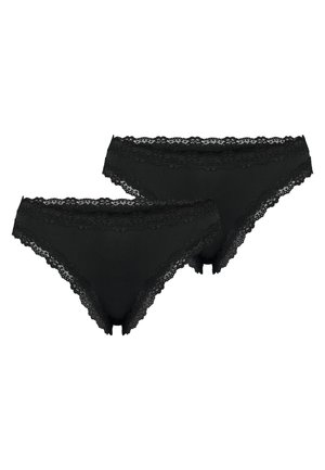 Two black lace-trimmed women's underwear briefs with scalloped edges, displayed on a white background.