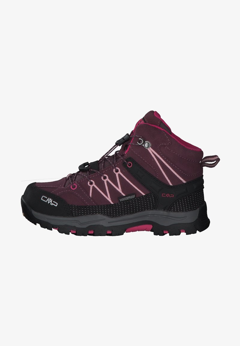 Scarpe da trekking impermeabili in viola scuro e nero, con dettagli rosa, parte superiore in rete traspirante e suola con trazione robusta.