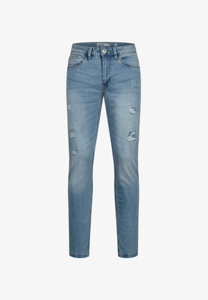 Vaaleansiniset slim-fit-farkut, joissa kulutusta reiden ja polvien kohdalla, etutaskut, vyölenkit ja napillinen suljenta.