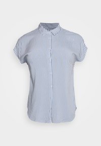 Camisa de botonadura con mangas cortas, hecha de una tela ligera, con rayas verticales azules y blancas y un diseño de cuello clásico.