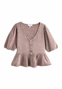 Light pink textured blouse with a V-neck, puff sleeves, and button closure. Features a peplum hem and subtle grid pattern throughout.