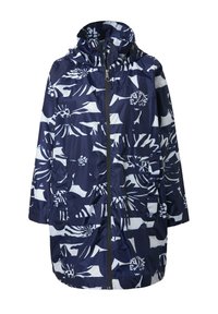 Impermeabile con cappuccio, fantasia floreale blu navy e bianca, cerniera frontale completa e maniche lunghe.
