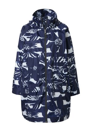 Regnfrakke med navyblåt og hvidt blomsterprint, hætte, lukning foran med lynlås og lange ærmer.