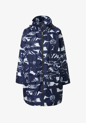 Laivastonsininen ja valkoinen kukkakuvioinen sadetakki hupulla, koko etuosan vetoketjulla ja pitkillä hihoilla.