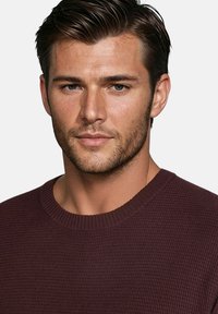 Bordeauxfarbener Strickpullover mit Rundhalsausschnitt, strukturiertem Muster und taillierter Silhouette. Der Stoff wirkt weich und langlebig.