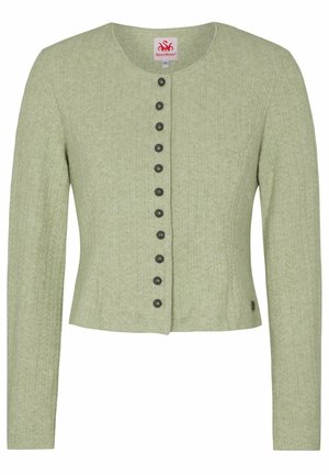Groene cardigan met een ronde hals, lange mouwen en een gestructureerd patroon. Gedetailleerd met donkere knopen aan de voorkant.