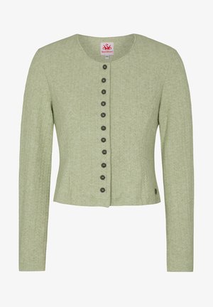 Cardigan vert avec un col rond, des manches longues et un motif texturé. Agrémenté de boutons foncés sur le devant.