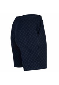Granatowe szorty z delikatnym okrągłym wzorem geometrycznym, elastycznym paskiem w talii i bocznymi kieszeniami.