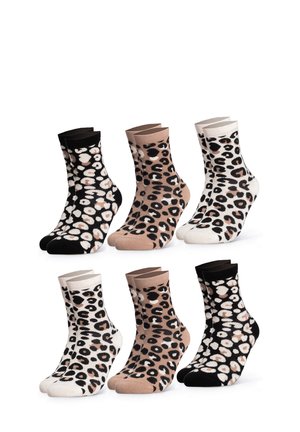 Three pairs of ankle socks in black, beige, and white with leopard print patterns arranged in two rows on a white background.