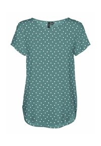 Teal kortærmet bluse med hvide polka dots, der har en rund halsudskæring og en let bøjet kant, lavet af glat, let stof.