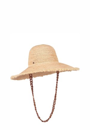 Wide-brimmed straw hat with a textured, natural finish. Features a brown chain strap and frayed edge for added detail. Color: tan.