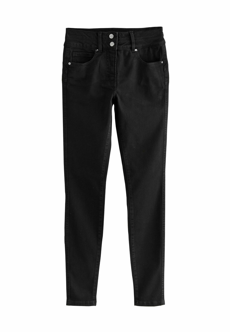 Černé džíny skinny s vysokým pasem, vybavené dvěma předními kapsami a dvěma kovovými knoflíky na pase. Hladká textura, klasický design.