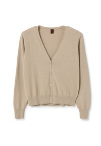 Bežový cardigan vyrobený z měkkého pleteného materiálu s výstřihem do V, zapínáním na knoflíky a žebrovaným lemem a manžetami. Lehce zkrácený střih.